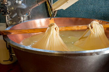 Process of making wheels of parmigiano-reggiano parmesan cheese on small cheese farm in Parma, Italy