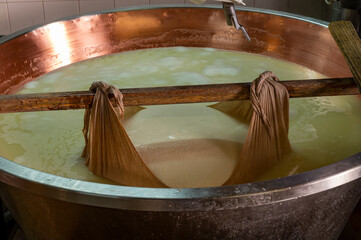 Process of making wheels of parmigiano-reggiano parmesan cheese on small cheese farm in Parma, Italy