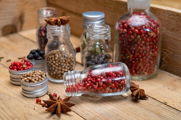 Professional set of gin spices in small bottles, pink pepper, hibiscus flowers, juniper berries, cardamom, coriander seeds, star anise
