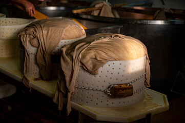 Process of making wheels of parmigiano-reggiano parmesan cheese on small cheese farm in Parma, Italy