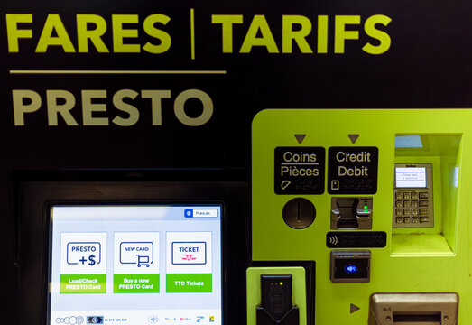 Toronto, Canada, 20 August, 2021: Presto Card Fare Payment Machine At The Entrance Of Toronto Public Transportation TTC Subway Station