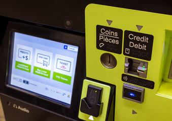 Fototapeta premium Toronto, Canada, 20 August, 2021: Presto card fare payment machine at the entrance of Toronto public transportation TTC subway station
