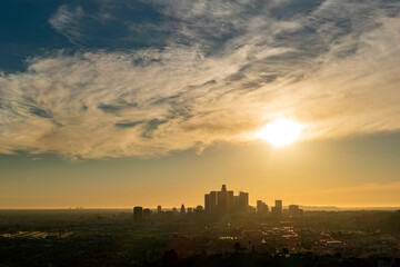 Naklejka premium Sunset view of the Los Angeles downtown cityscape