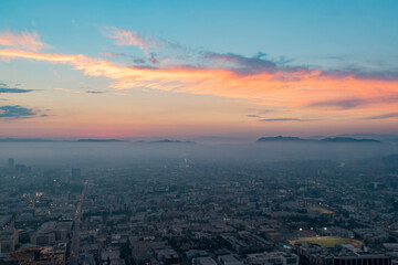 Sunset aerial view of Westwood downtown area