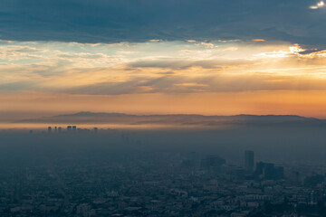 Sunset aerial view of Westwood downtown area