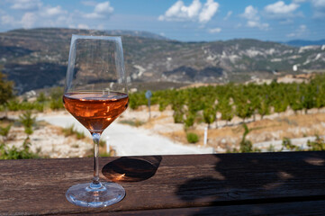 Wine industry of Cyprus island, tasting of rose dry wine on winery with view on vineyards and south slopes of Troodos mountain range.