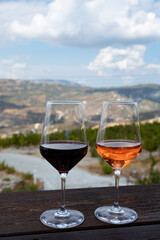 Wine industry of Cyprus island, tasting of red and rose dry wines on winery with view on vineyards and south slopes of Troodos mountain range.