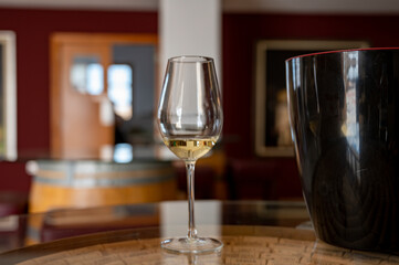 Wine industry of Cyprus island, tasting of white dry wine on winery located on south slopes of Troodos mountain range.