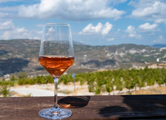 Wine industry of Cyprus island, tasting of rose dry wine on winery with view on vineyards and south slopes of Troodos mountain range.