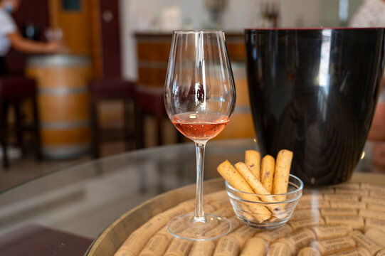 Wine industry of Cyprus island, tasting of rose dry wine on winery located on south slopes of Troodos mountain range.