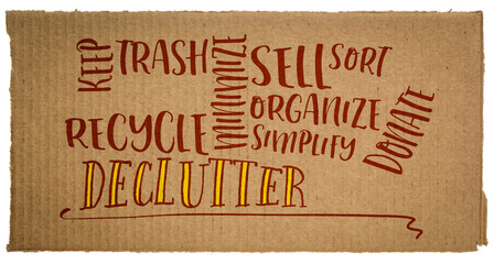 declutter and simplify word cloud - handwriting on a cardboard isolated on white