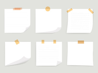 White sticky note paper set with tape. White realistic notes reminder collection set.