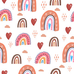 Cute rainbow childish seamless pattern modern flat. Trendy love and rainbow drawing background wallpaper.