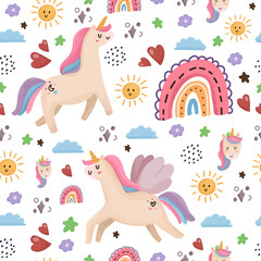 Unicorn and rainbow cute seamless pattern. Fun decorative background with pink horse and love element.
