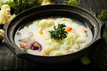 Homemade organic cauliflower vegetable cream soup.