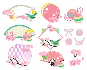 華やかでかわいい春のひなまつりのフレームのベクターイラスト素材／枠／リボン／見出し／ひな祭り