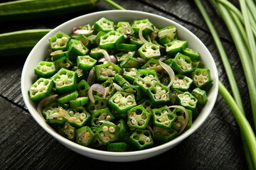 Delicious vegan curry dish- stir fried organic okra with herbs and spices.