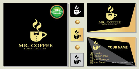 Luxury gold Mister coffee shop logo, simple black, free premium business card template vector eps 10