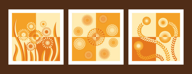 Set of retro artwork cover, posters or event banner with abstract geometric flower and leaves, yellow gold  retro color theme. Geometric print, pattern, background,wall decoration.