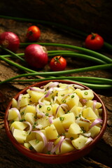 Delicious organic fresh potato salad with herbs and vegetables.