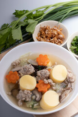 Clear Soup with Tofu, Minced Pork, Vegetables and Carrots