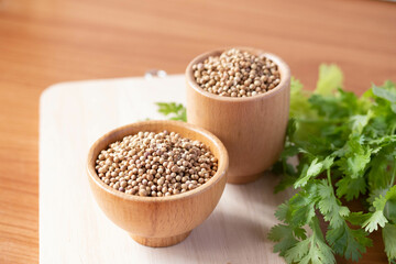 Coriander seeds in a wooden cup copy space
