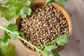 Coriander seeds in a wooden cup copy space