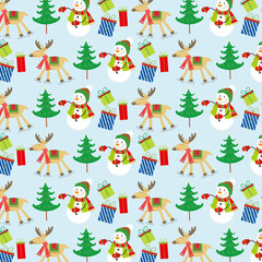 Obraz na płótnie Canvas christmas seamless pattern with christmas trees, snowman and reindeer