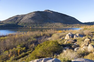 Scenic Landscape at Lake Hodges with Bernardo Mountain on a Hiking Trail in San Dieguito River Park on a Sunny Winter Day, San Diego County North Inland California USA