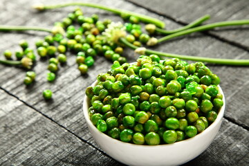 Roasted green peas, salted beans - delicious vegan diet appetizer.