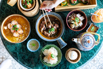 Chinese Yumcha Dimsum Set in bamboo containerr, chinese cuisine , top view