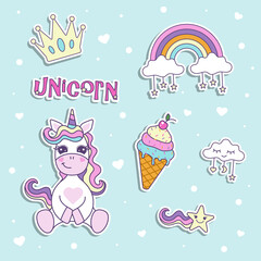 Collection of stickers with funny unicorn and rainbow for kids. Vector illustration.