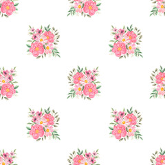 Spring flowers seamless pattern. Botanical background. Arrangement of pink and white wildflowers.
