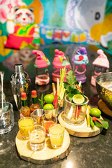 Cocktail Tom Yum drink, Made with vodka mixed with Thai herbs, lime, lemongrass, chili, galangal, kaffir lime leaves and cane sugar, delicious, fragrant, Thai style