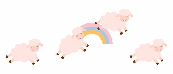 Vector illustration of jumping sheep over the rainbow. Insomnia concept.