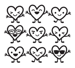 Cute Valentine’s day hearts with faces doodles vector illustration.