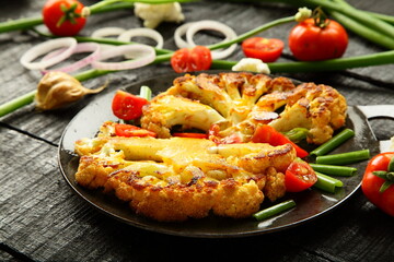 Iron skillet cooking- delicious roasted cauliflower ears  and fresh vegetables,  traditional recipes background, 