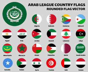 The Arab League Country Flags Set Collection. Rounded Flat Vector