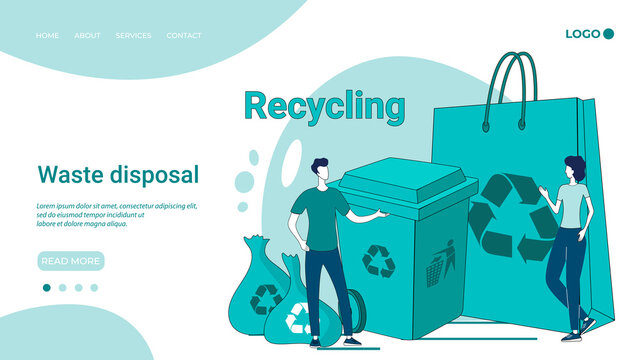 Waste disposal.People collect and sort the waste and put it in a container.The concept of eco-friendly waste.An illustration in the style of a green landing page.