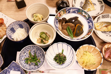 shibu onsen, nagano, japan, 2021-23-10 , Meal at a traditional Ryokan with different dishes of the Japanese cuisine.
