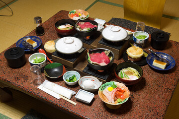 shibu onsen, nagano, japan, 2021-20-10 , Meal at a traditional Ryokan with different dishes of the Japanese cuisine.