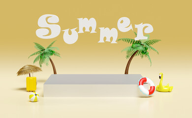cube stage podium with palms, suitcase, inflatable flamingo, lifebuoy, umbrella isolated on yellow background. online shopping, summer travel vacation concept, 3d illustration, 3d render