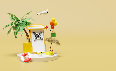 mobile phone, smartphone with lifebuoy, stage podium, palms, qr code scanning, plane, suitcase paper bag isolated on yellow. online shopping, summer travel vacation concept, 3d illustration, 3d render