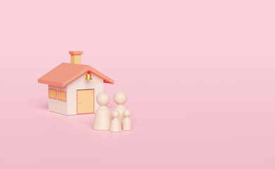 Wooden doll figures with house, family figure isolated on pink background. happy family, protection, mortgage loans concept, 3d illustration, 3d render