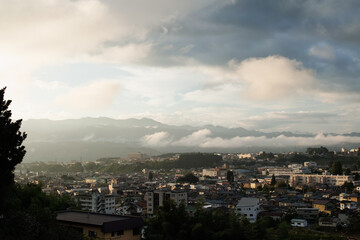 Iida, Nagano, Japan, 2021-07-09 , early morning view of Iida city, a city located in Nagano Prefecture, Japan.