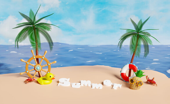 summer travel concept with sternwheel, palm tree, lifebuoy, seaside, suitcase, yellow duck, sandals, boat, crab, beach isolated on blue sky background. 3d illustration or 3d render