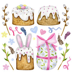Easter cakes and egg watercolor clipart set. Collection traditionalhand drawn elements for Easter celebrate party. Isolated clipart element on white background.