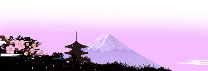 Fototapeten Japanische Landschaft, Silhouette des Mt. Fuji, Pflaumenblüten und Tempel © kawano