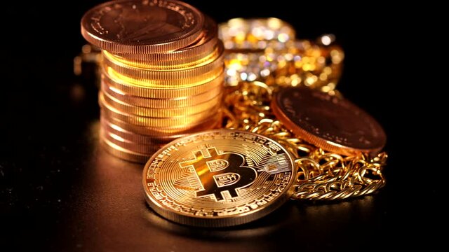 next to a pile of gold coins lies a bitcoin coin, a Krugerrand gold coin and a diamond studded gold chain