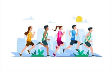 Young people jogging in city park in summer